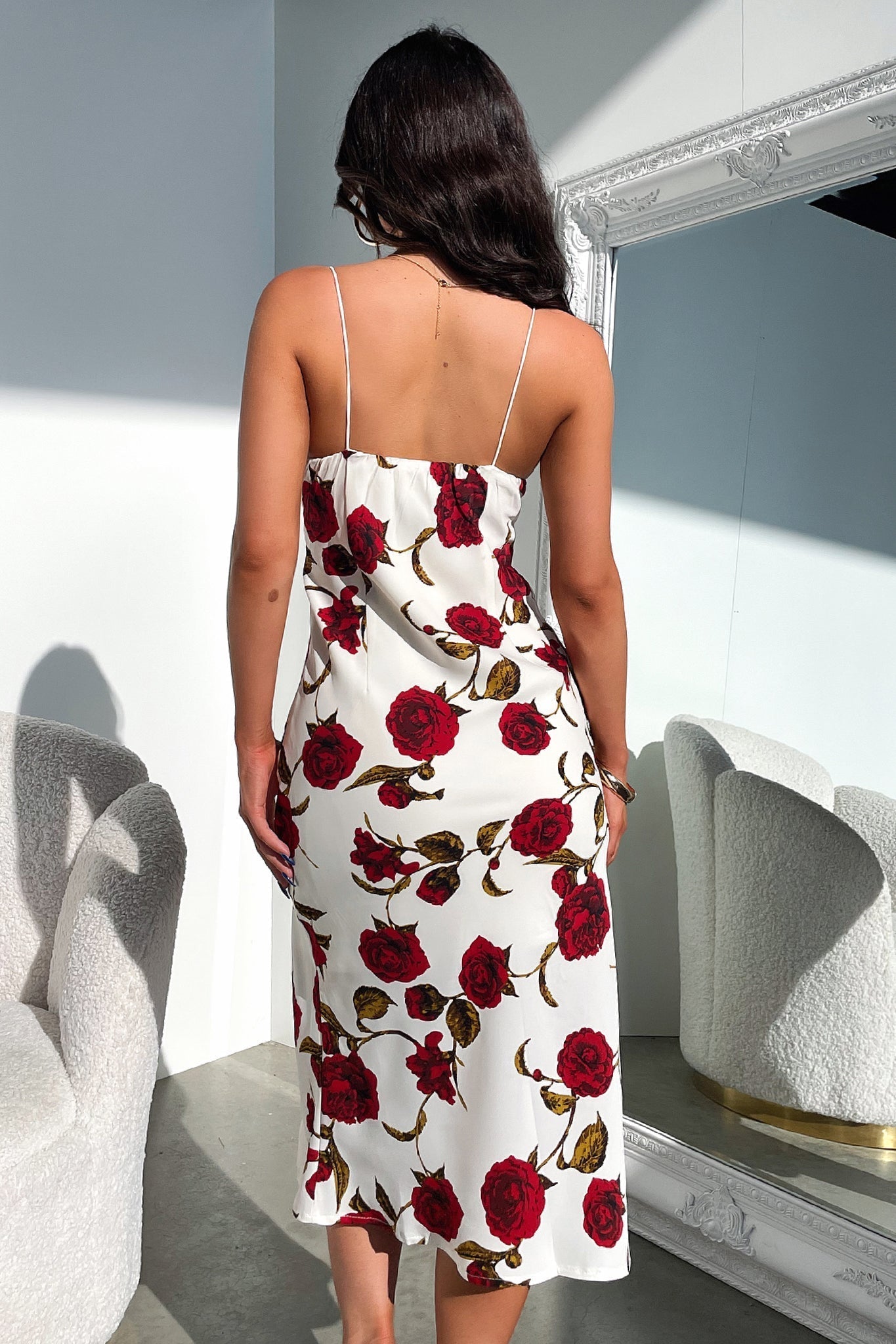 Jennifer Satin Midi Dresss - Rose Floral